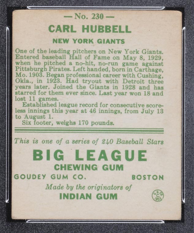 1933 Goudey #230 Carl Hubbell New York Giants - Back