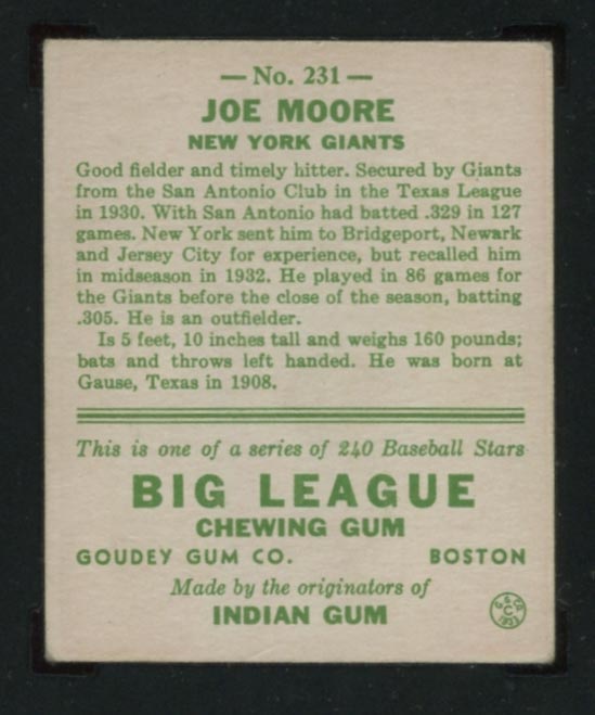 1933 Goudey #231 Joe Moore New York Giants - Back