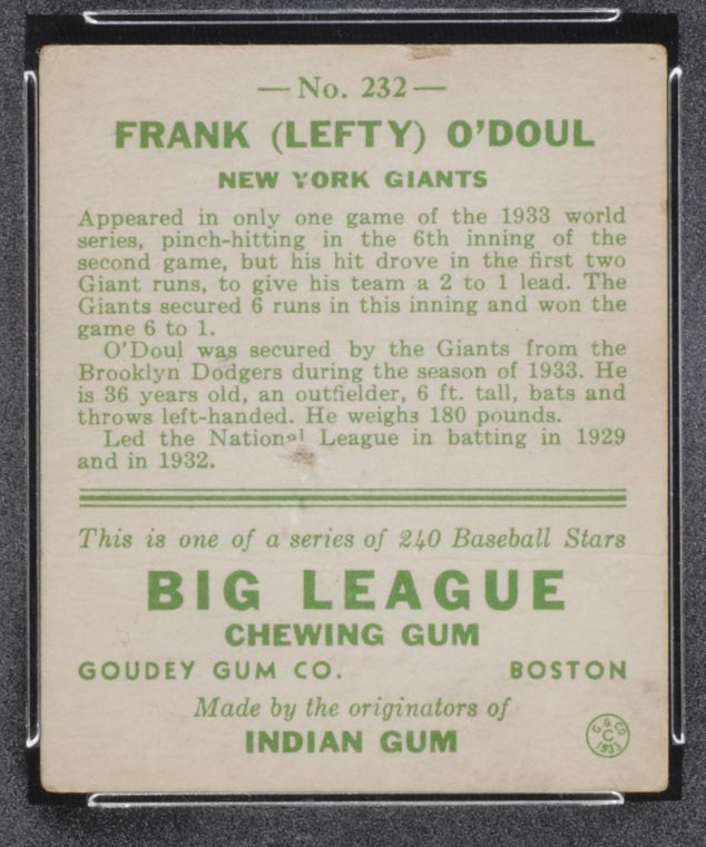 1933 Goudey #232 Frank (Lefty) O’Doul New York Giants - Back