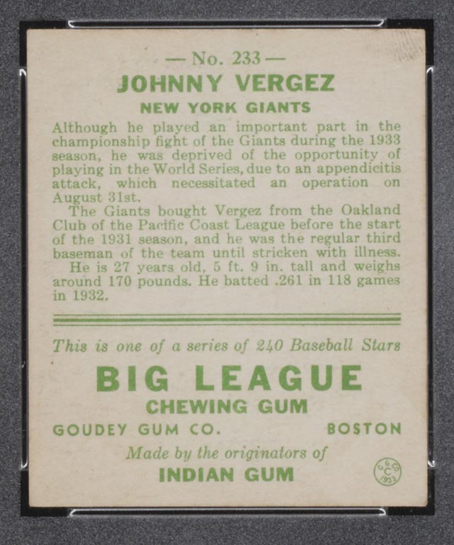 1933 Goudey #233 Johnny Vergez New York Giants - Back