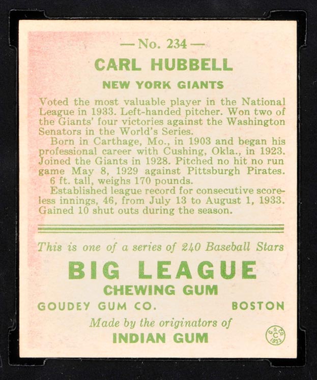 1933 Goudey #234 Carl Hubbell New York Giants - Back