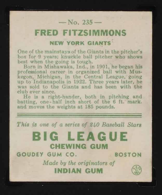 1933 Goudey #235 Fred Fitzsimmons New York Giants - Back