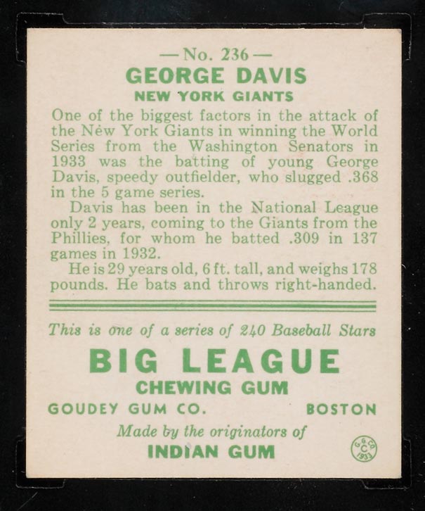 1933 Goudey #236 George Davis New York Giants - Back