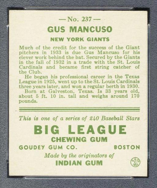 1933 Goudey #237 Gus Mancuso New York Giants - Back