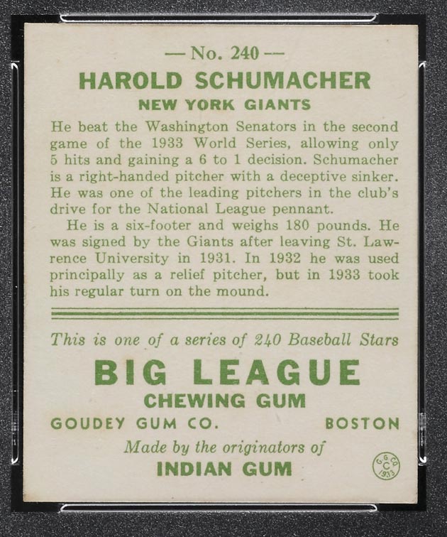 1933 Goudey #240 Harold Schumacher New York Giants - Back