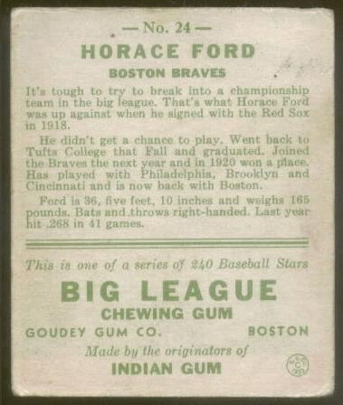 1933 Goudey #24 Horace Ford Boston Braves - Back