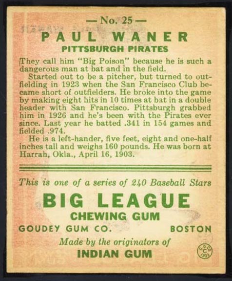 1933 Goudey #25 Paul Waner Pittsburgh Pirates - Back