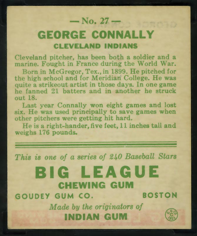 1933 Goudey #27 George Connally Cleveland Indians - Back