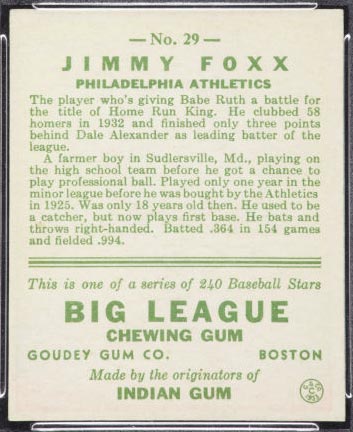 1933 Goudey #29 Jimmy Foxx Philadelphia Athletics - Back