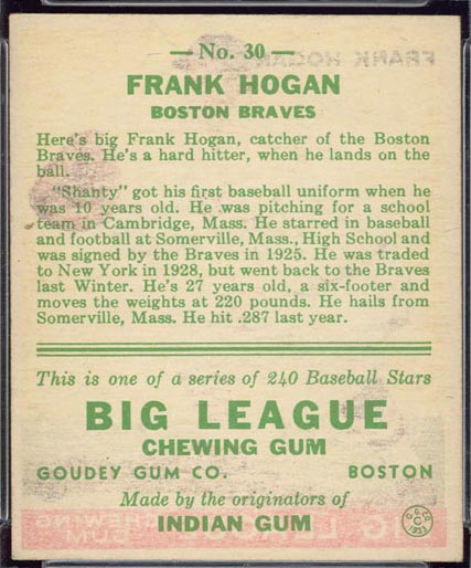 1933 Goudey #30 Frank Hogan Boston Braves - Back