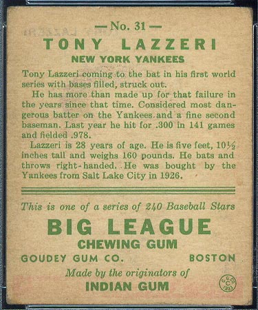 1933 Goudey #31 Tony Lazzeri New York Yankees - Back