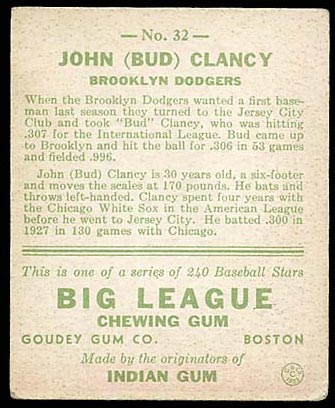 1933 Goudey #32 John (Bud) Clancy Brooklyn Dodgers - Back