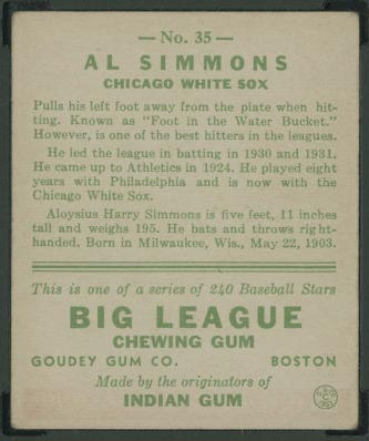 1933 Goudey #35 Al Simmons Chicago White Sox - Back