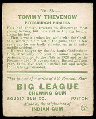 1933 Goudey #36 Tommy Thevenow Pittsburgh Pirates - Back