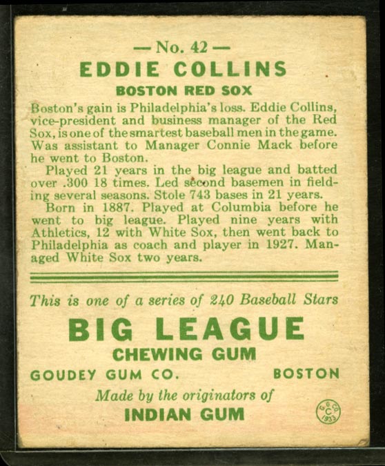 1933 Goudey #42 Eddie Collins Boston Red Sox - Back