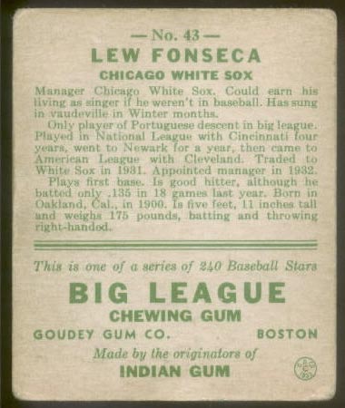 1933 Goudey #43 Lew Fonseca Chicago White Sox - Back