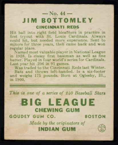 1933 Goudey #44 Jim Bottomley Cincinnati Reds - Back