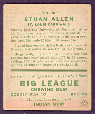 1933 Goudey #46 Ethan Allen St. Louis Cardinals - Back