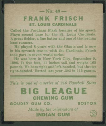 1933 Goudey #49 Frank Frisch St. Louis Cardinals - Back