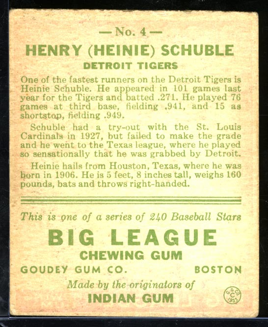 1933 Goudey #4 Henry (Heinie) Schuble Detroit Tigers - Back