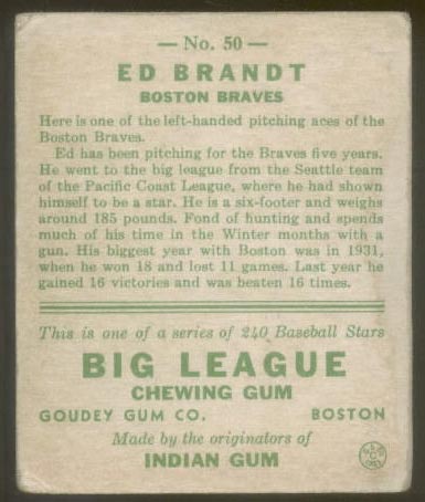 1933 Goudey #50 Ed Brandt Boston Braves - Back