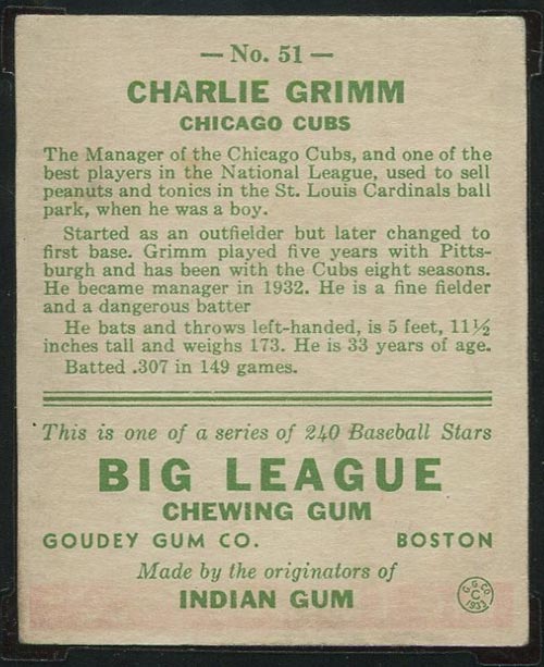 1933 Goudey #51 Charlie Grimm Chicago Cubs - Back