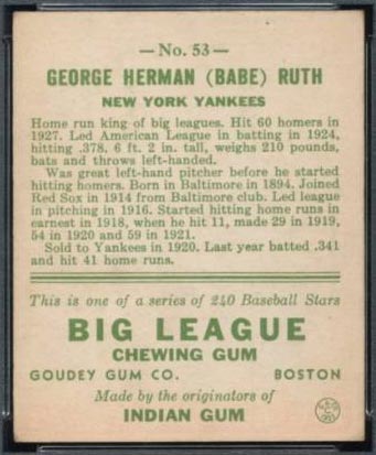 1933 Goudey #53 George Herman (Babe) Ruth New York Yankees - Back