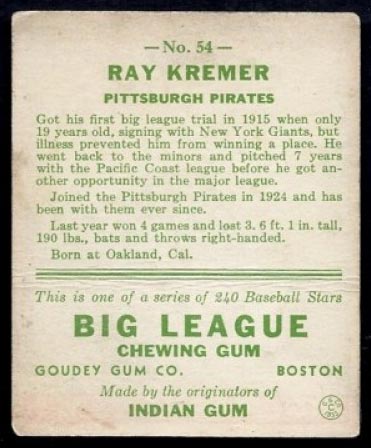 1933 Goudey #54 Ray Kremer Philadelphia Phillies - Back