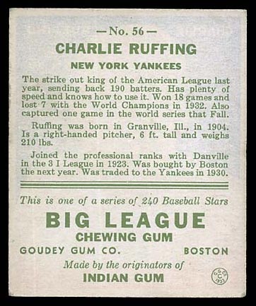 1933 Goudey #56 Charlie Ruffing New York Yankees - Back