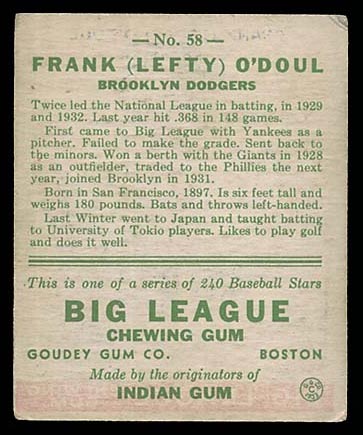 1933 Goudey #58 Frank (Lefty) O’Doul Brooklyn Dodgers - Back