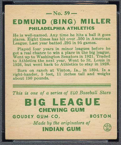 1933 Goudey #59 Edmund (Bing) Miller Philadelphia Athletics - Back