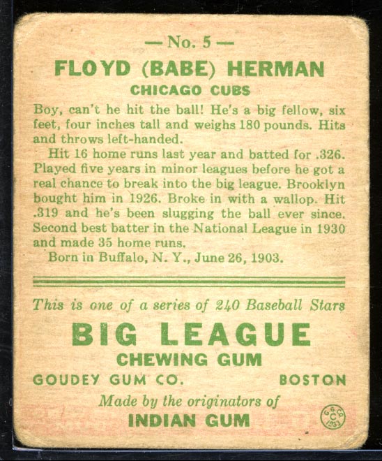 1933 Goudey #5 Floyd (Babe) Herman Chicago Cubs - Back