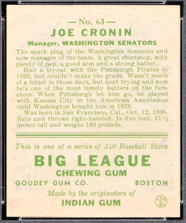 1933 Goudey #63 Joe Cronin Washington Senators - Back