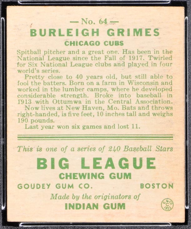 1933 Goudey #64 Burleigh Grimes Chicago Cubs - Back