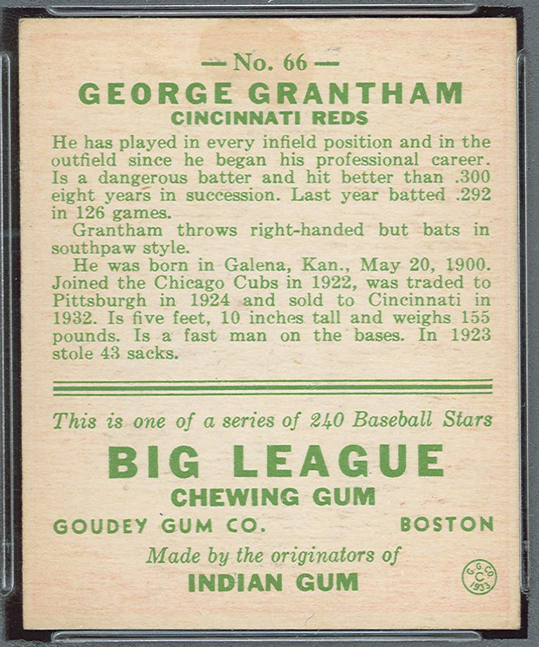 1933 Goudey #66 George Grantham Cincinnati Reds - Back