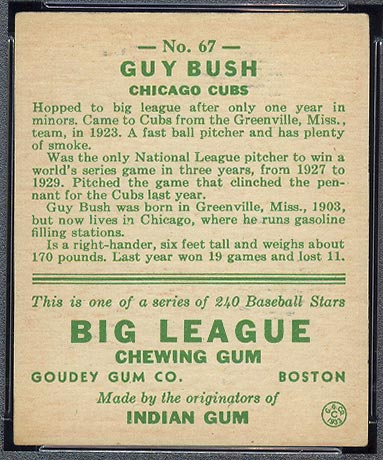 1933 Goudey #67 Guy Bush Chicago Cubs - Back