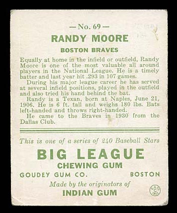 1933 Goudey #69 Randy Moore Boston Braves - Back