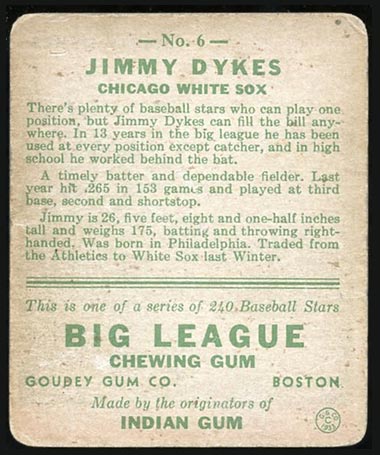1933 Goudey #6 Jimmy Dykes (Age 26) Chicago White Sox - Back