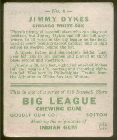 1933 Goudey #6 Jimmy Dykes (Age 36) Chicago White Sox - Back