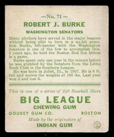 1933 Goudey #71 Robert J. Burke Washington Senators - Back