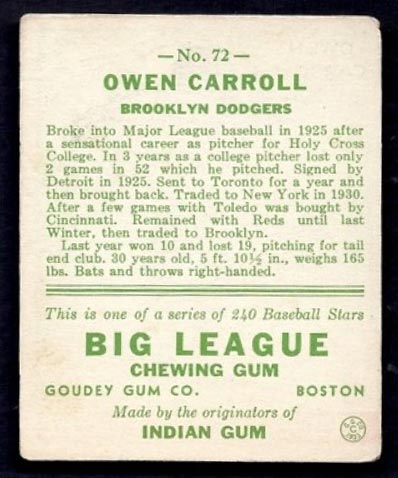 1933 Goudey #72 Owen Carroll Brooklyn Dodgers - Back