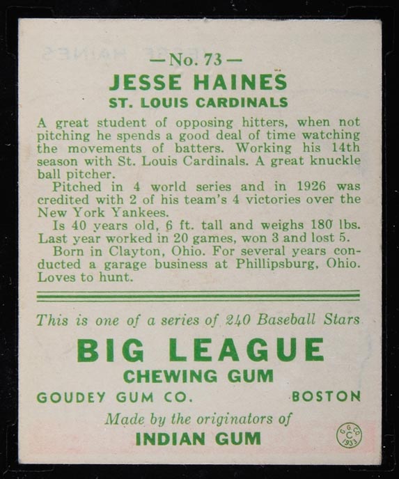 1933 Goudey #73 Jesse Haines St. Louis Cardinals - Back