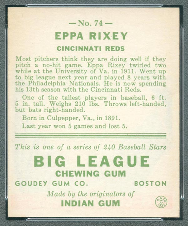 1933 Goudey #74 Eppa Rixey Cincinnati Reds - Back