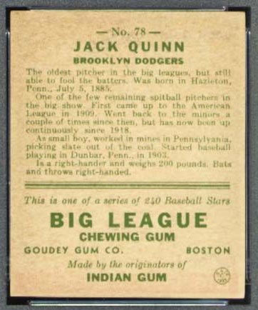 1933 Goudey #78 Jack Quinn Brooklyn Dodgers - Back