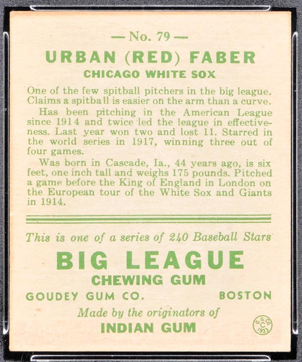 1933 Goudey #79 Urban (Red) Faber Chicago White Sox - Back