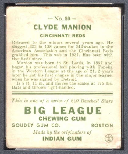 1933 Goudey #80 Clyde Manion Cincinnati Reds - Back