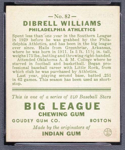 1933 Goudey #82 Dibrell Williams Philadelphia Athletics - Back