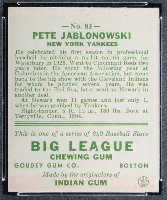 1933 Goudey #83 Pete Jablonowski New York Yankees - Back