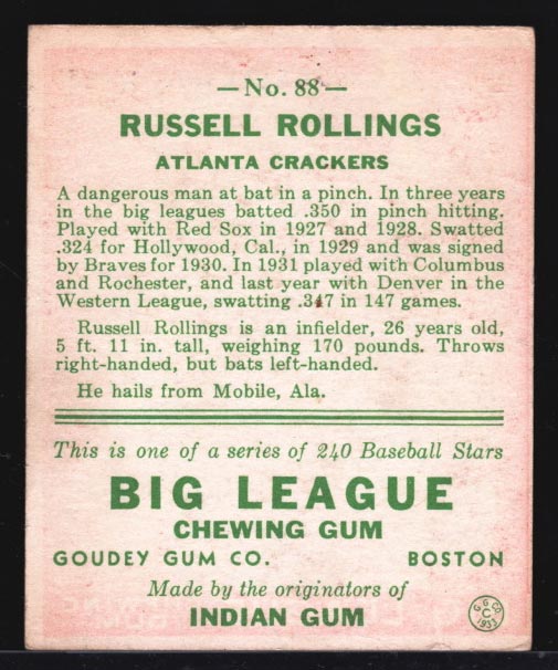 1933 Goudey #88 Russell Rollings Atlanta Crackers - Back