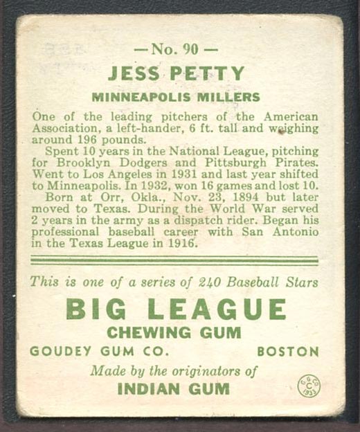 1933 Goudey #90 Jess Petty Minneapolis Millers - Back